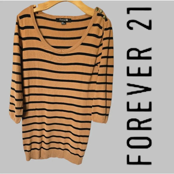 Forever 21 women's brown striped shoulder button detailing tunic sweater medium - Picture 8 of 8